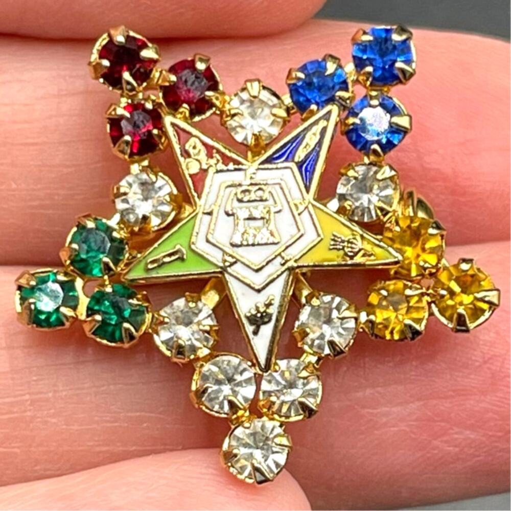 Vtg Masonic Brooch Riveted Prong Set Rhinestone Order of the Eastern Star Pin 1"